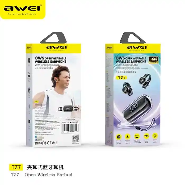 Awei TZ7 Soft Ear Clip-on Sports Wireless Headphones Bluetooth 5.3 Earphones Hifi Sound Earbuds With LED Digital Display